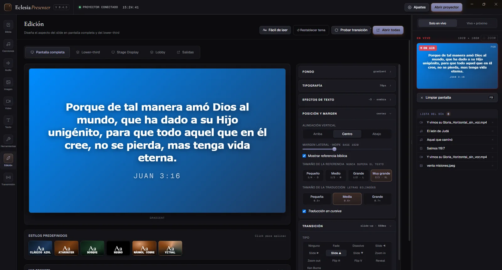 Panel de Edición: vista previa del slide con controles de fondo, tipografía y tamaño de la referencia
